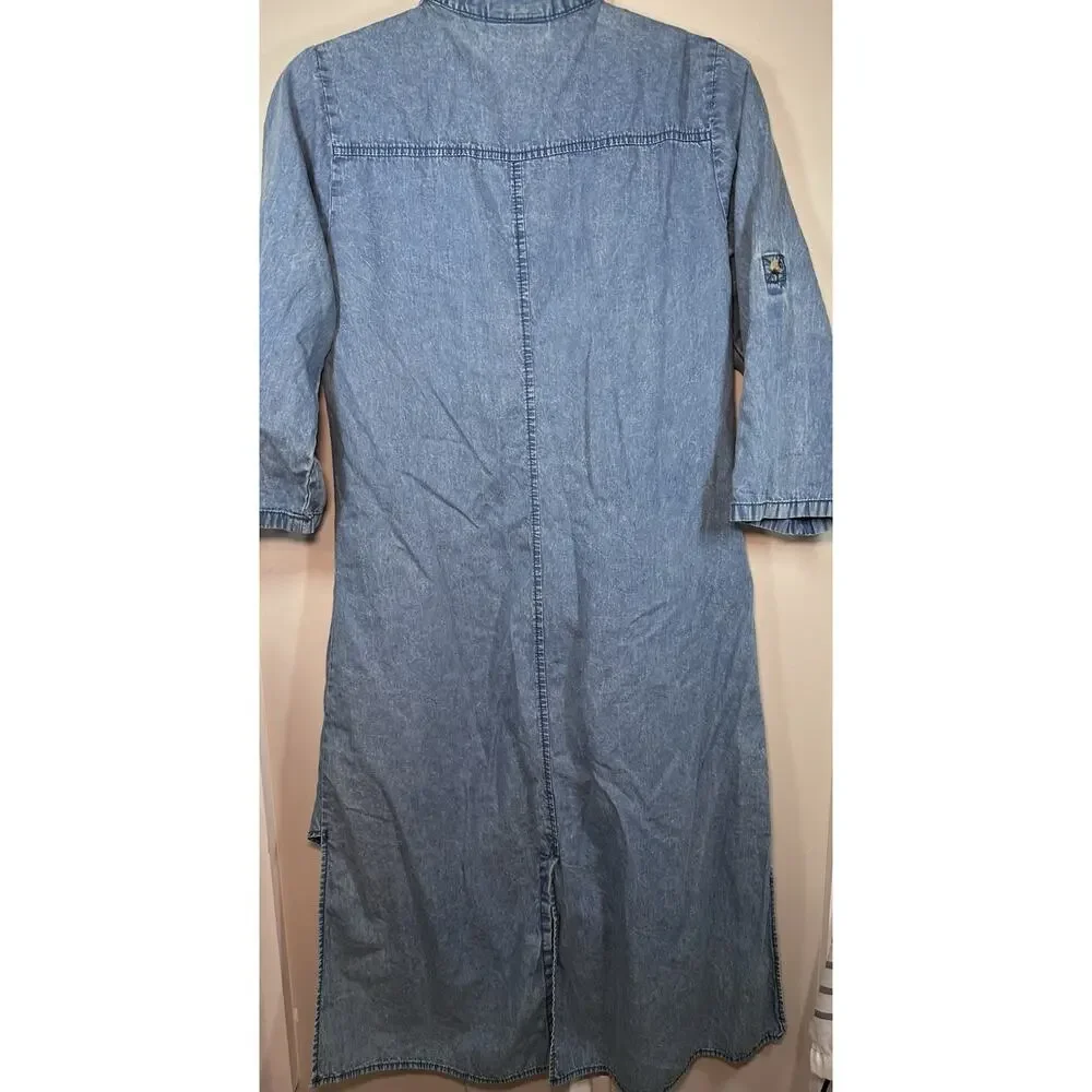 MPH Collection Blue Denim Shirt Dress S Collared Button Front Pockets Knee - Picture 4 of 9